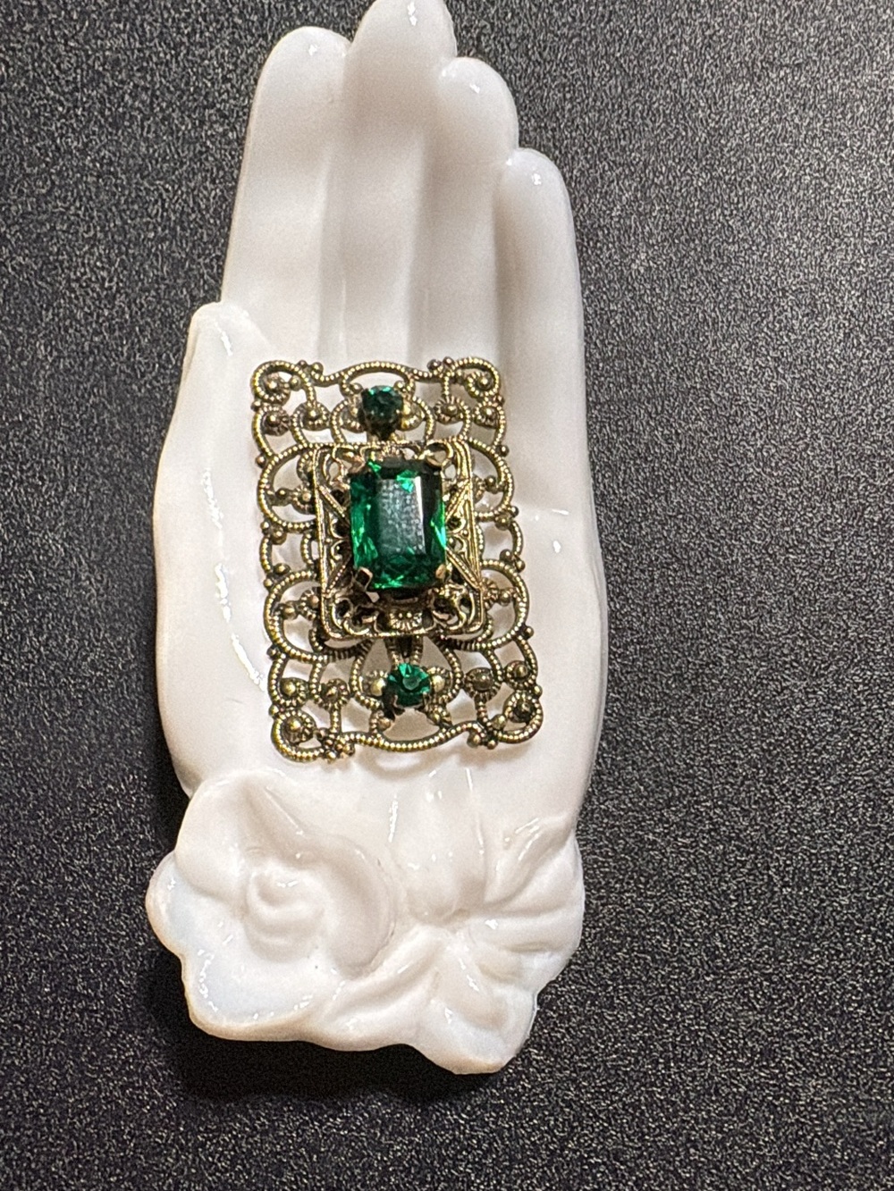 Victorian Revival Emerald Green Glass Filigree Brooch Pin Gold Tone